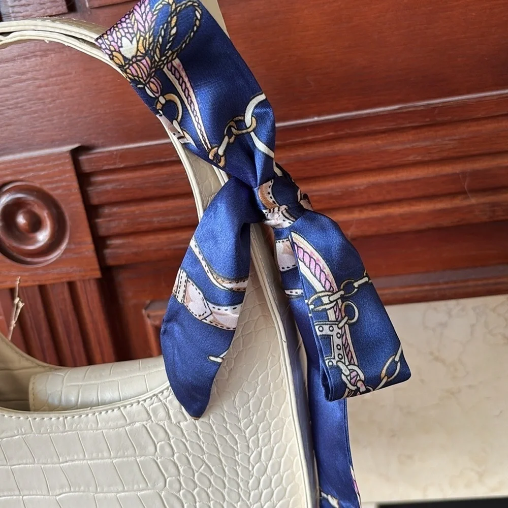 A New Day Cream Faux Crocodile Structured Crossbody Purse w/ Blue Nautical Twill - Picture 5 of 15